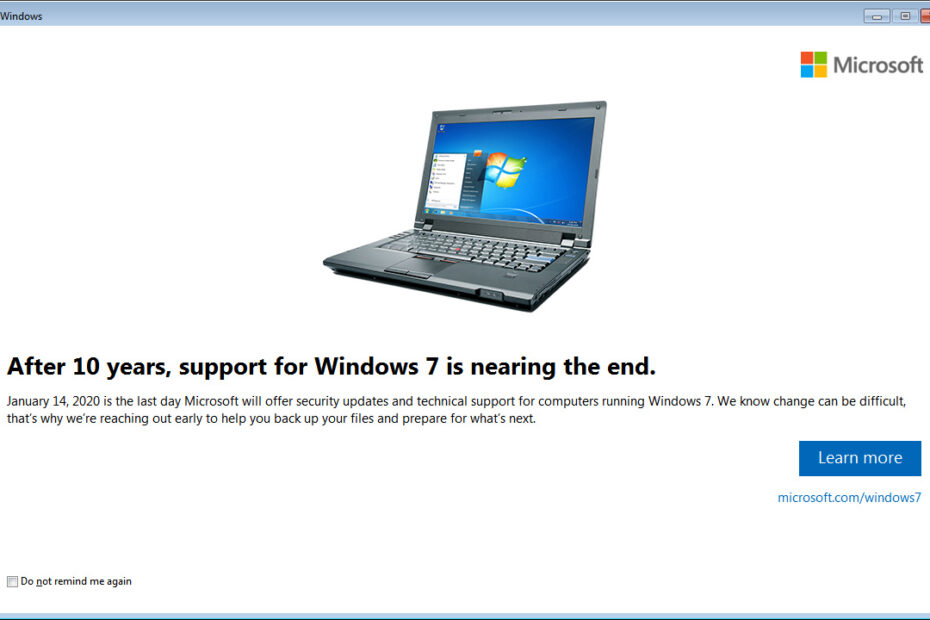 Windows 7 End of Support notification